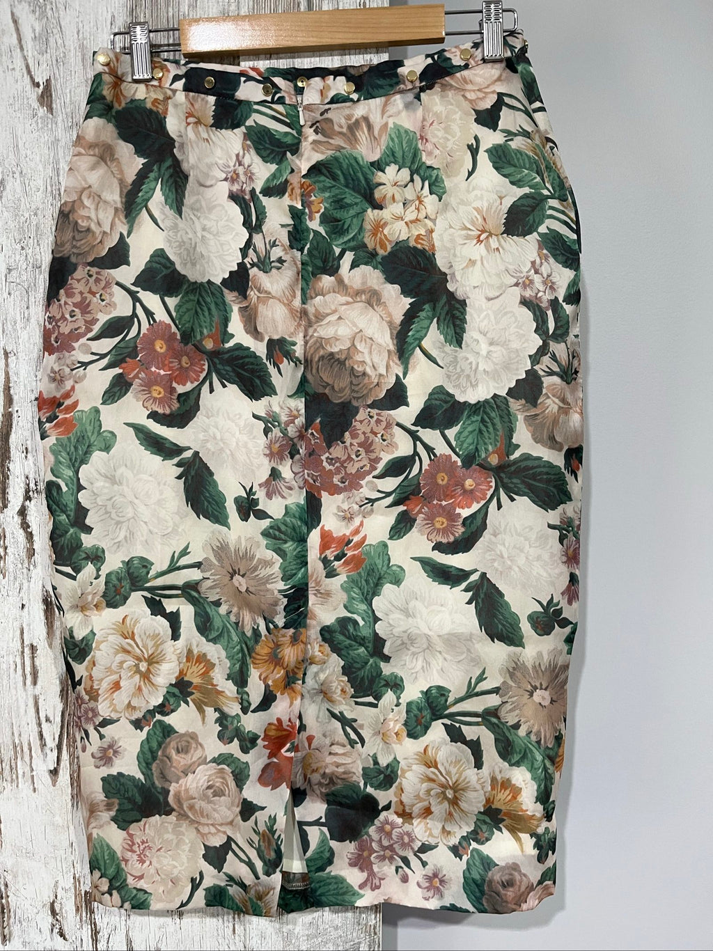 Zimmermann floral pencil skirt cream green brown silk with gold-tone stud embellishments