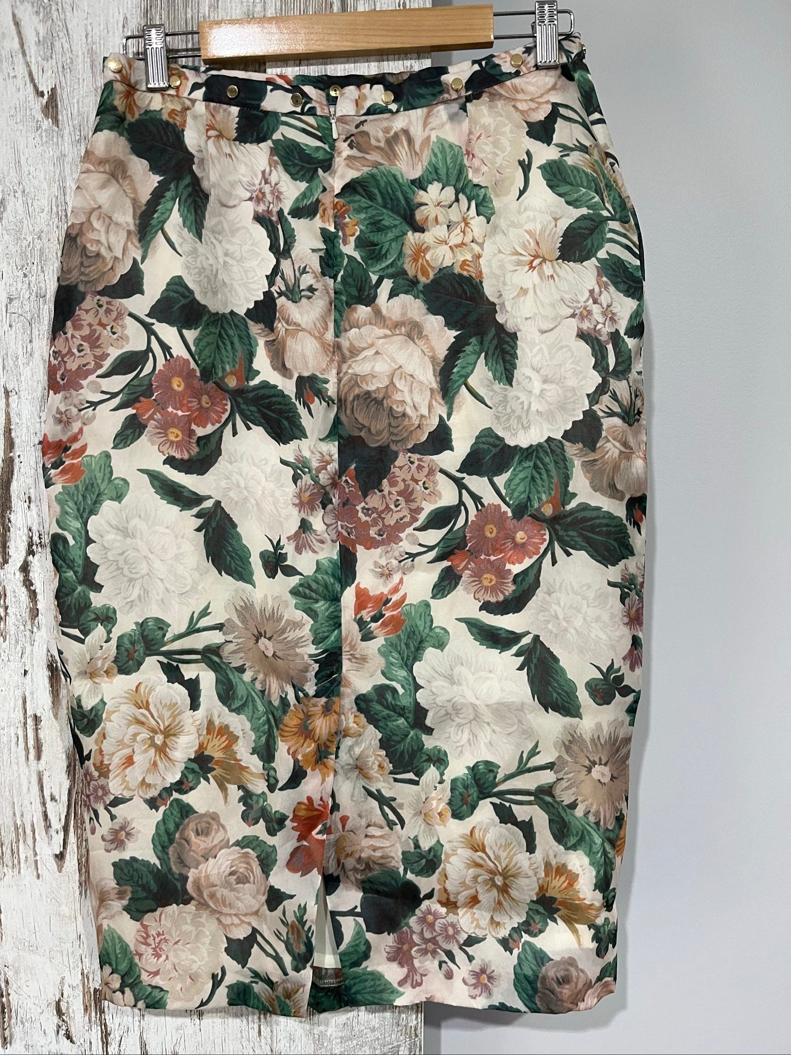 Zimmermann floral pencil skirt cream green brown silk with gold-tone stud embellishments