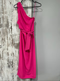 Bianca and Bridget pink one shoulder dress with tie belt and textured fabric.