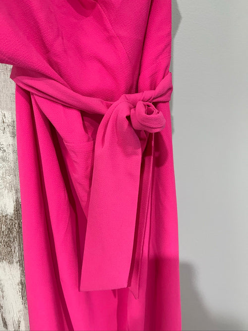 Bianca and Bridget pink one shoulder dress with tie belt and textured fabric.