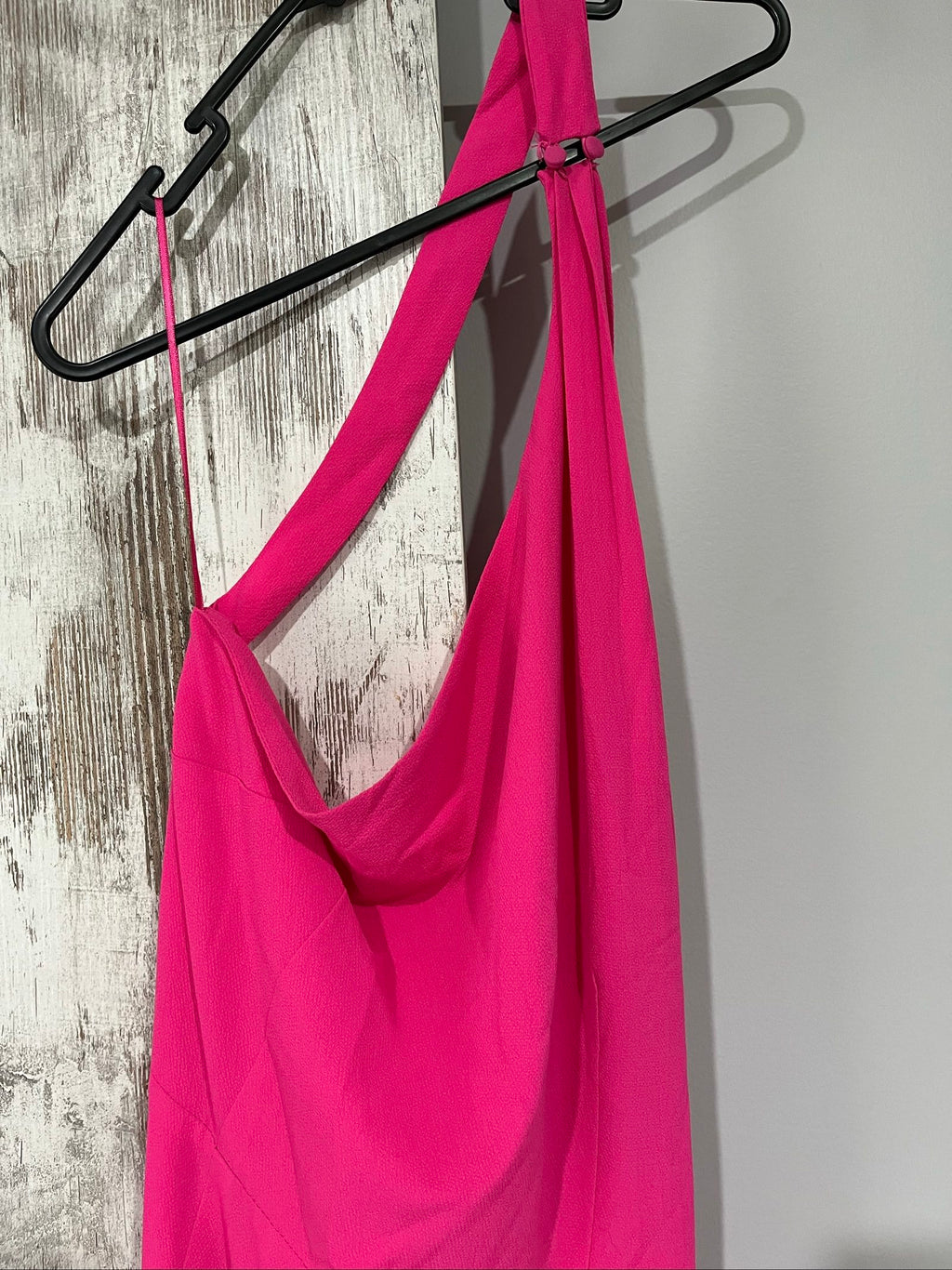 Bianca and Bridget pink one shoulder dress with tie belt and textured fabric.