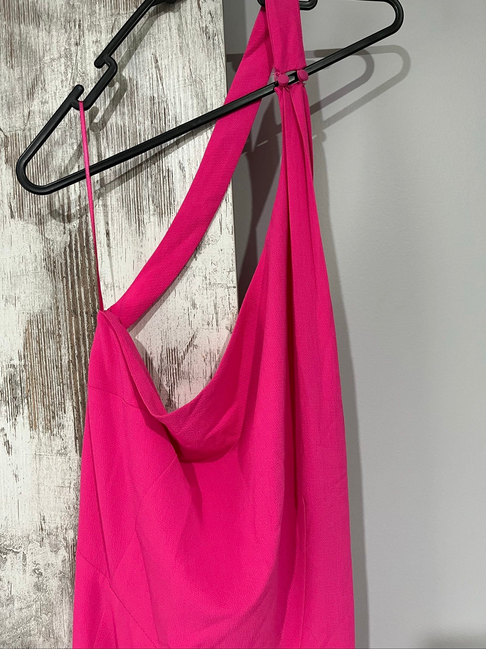Bianca and Bridget pink one shoulder dress with tie belt and textured fabric.