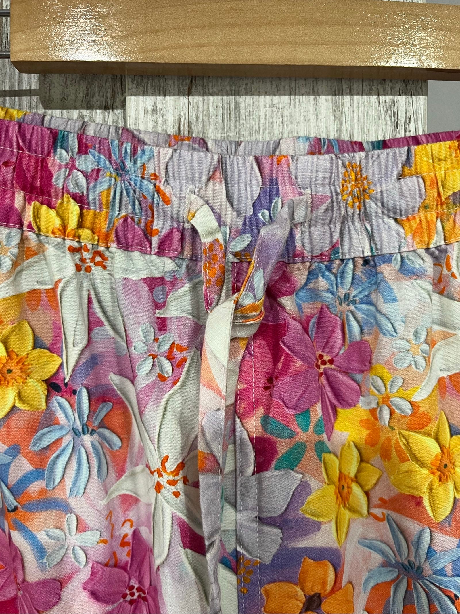 Princess Highway multi floral print cotton trousers with elastic waistband and side pockets.