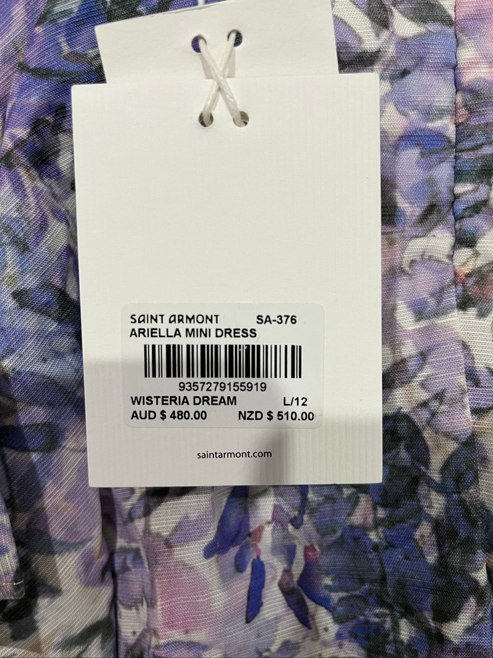 SAINT ARMONT blue pink white floral mini dress with high neck, puffed sleeves, tiered skirt.