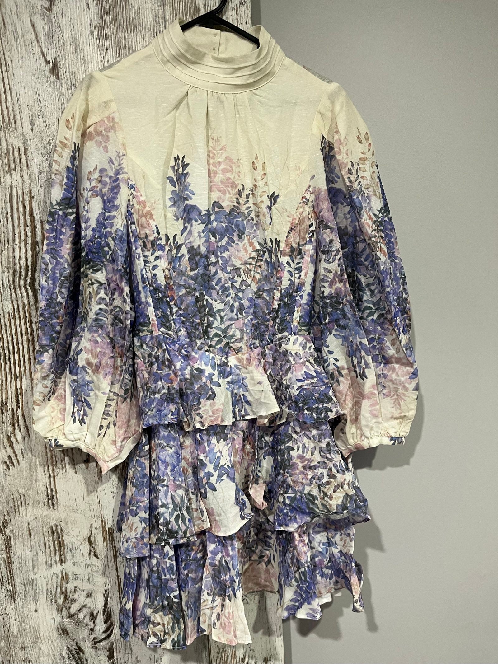 SAINT ARMONT pink purple white floral ruffle maxi dress with puff sleeves and open back.