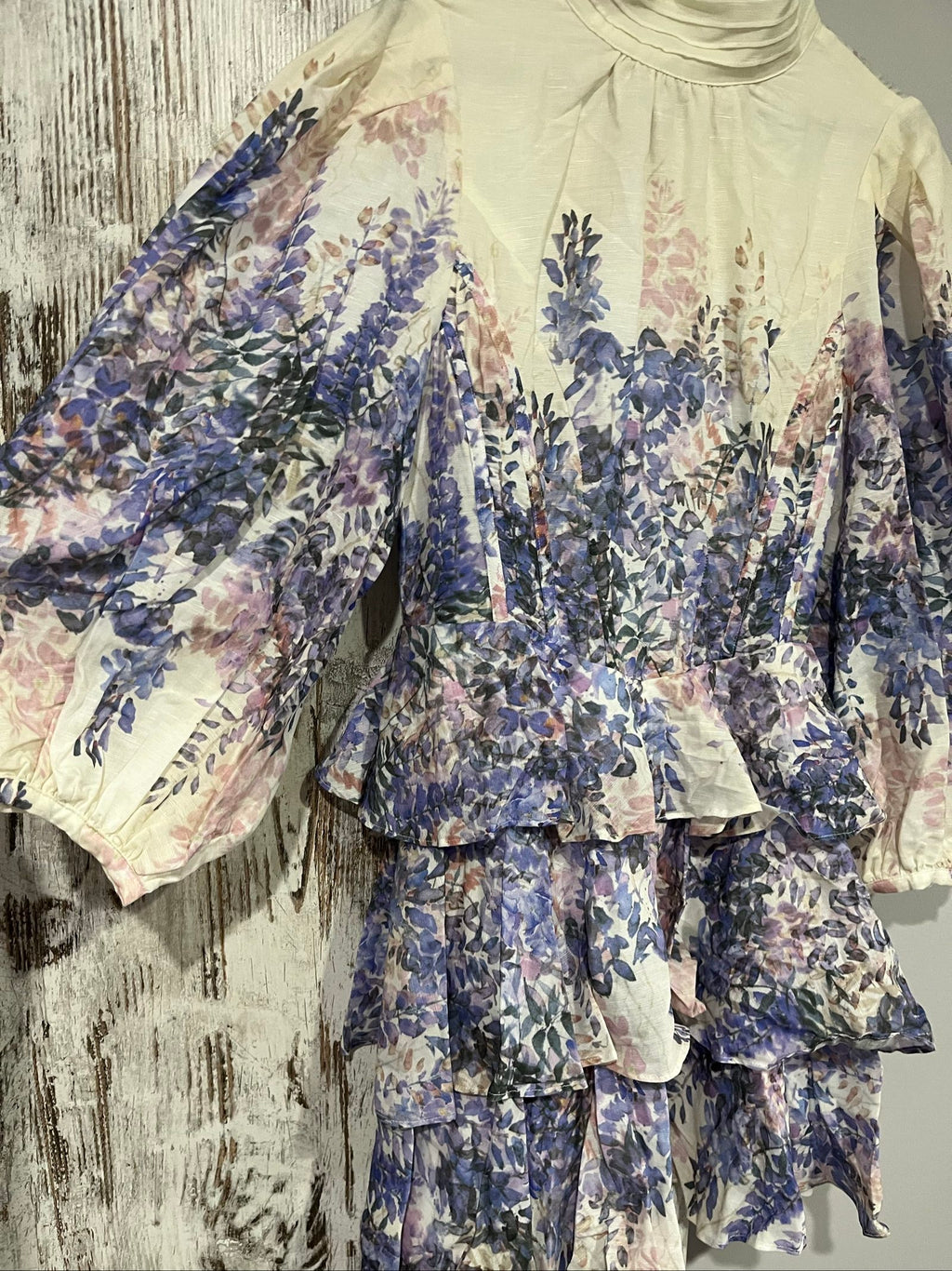 SAINT ARMONT pink purple white floral ruffle maxi dress with puff sleeves and open back.
