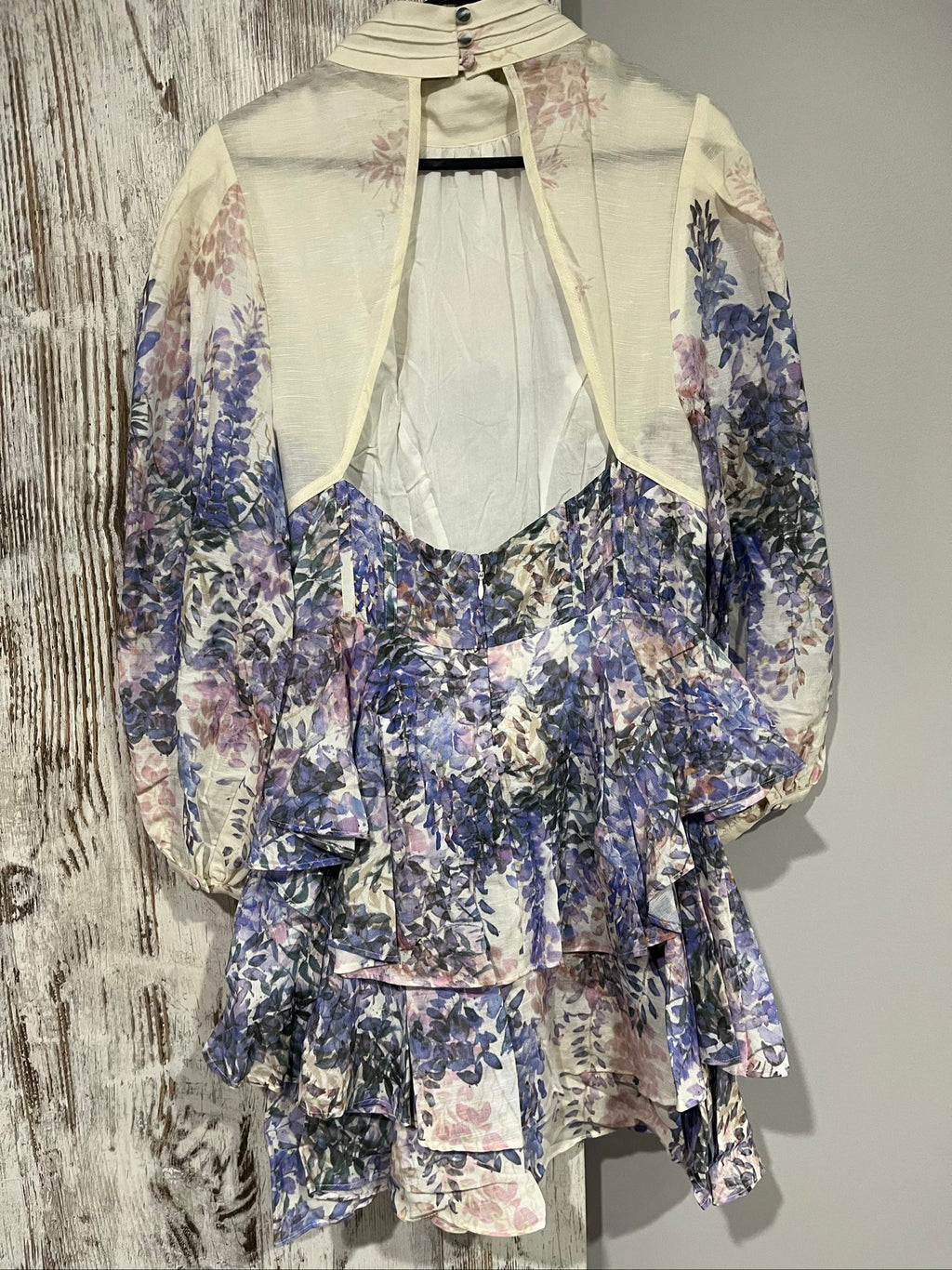 SAINT ARMONT pink purple white floral ruffle maxi dress with puff sleeves and open back.