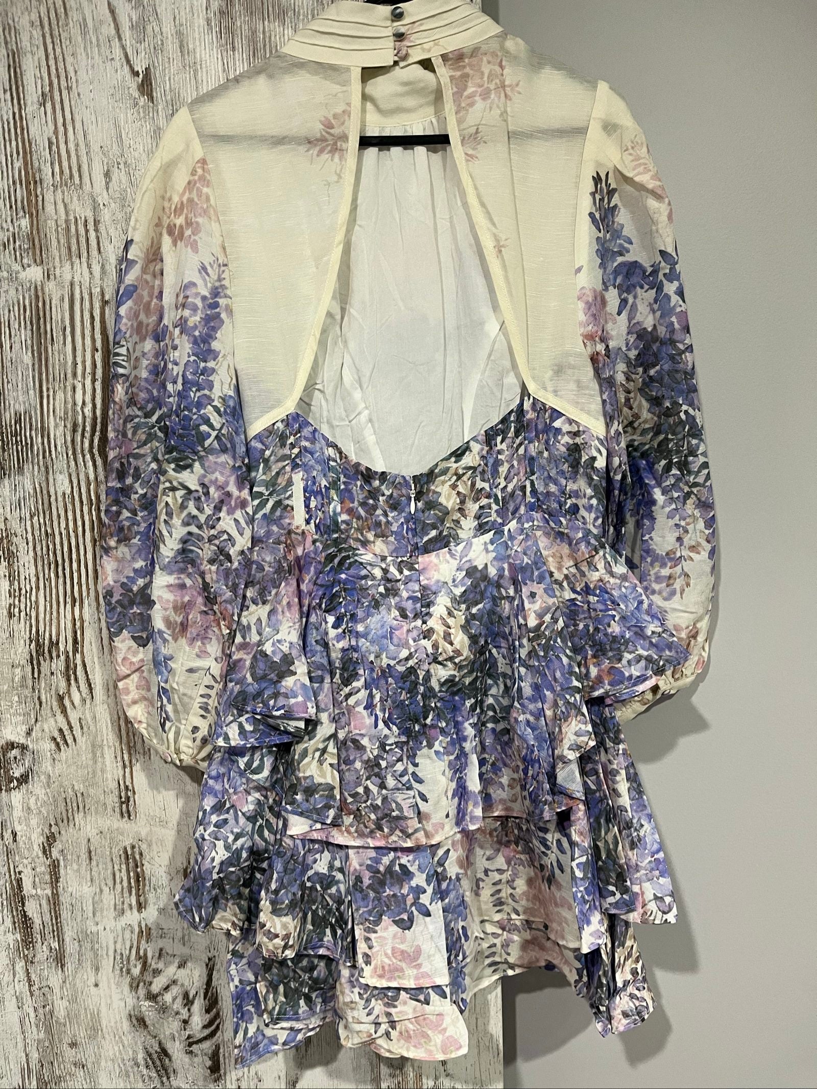 SAINT ARMONT pink purple white floral ruffle maxi dress with puff sleeves and open back.