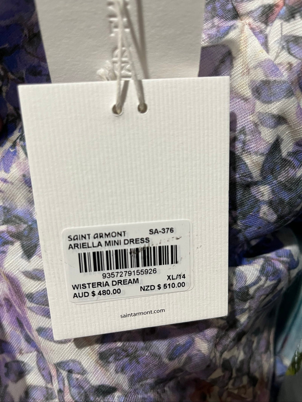 SAINT ARMONT pink purple white floral ruffle maxi dress with puff sleeves and open back.
