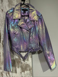 Forever 21 purple iridescent faux leather biker jacket with belted waist and zippered pockets.