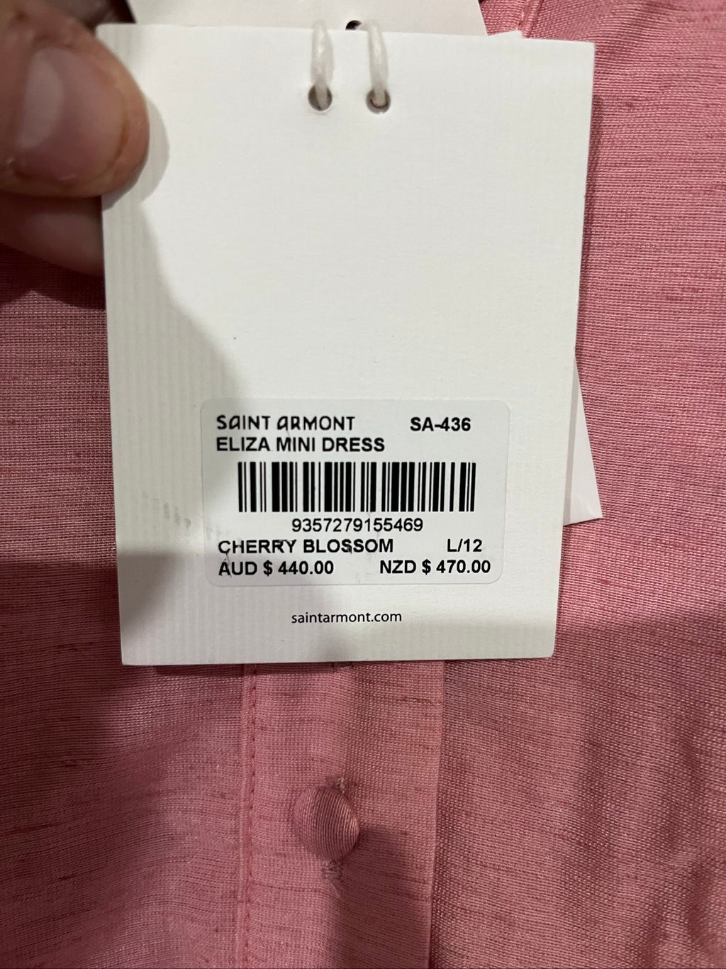 SAINT ARMONT pink mini dress with large collar, loop-trim detailing, and puff sleeves.