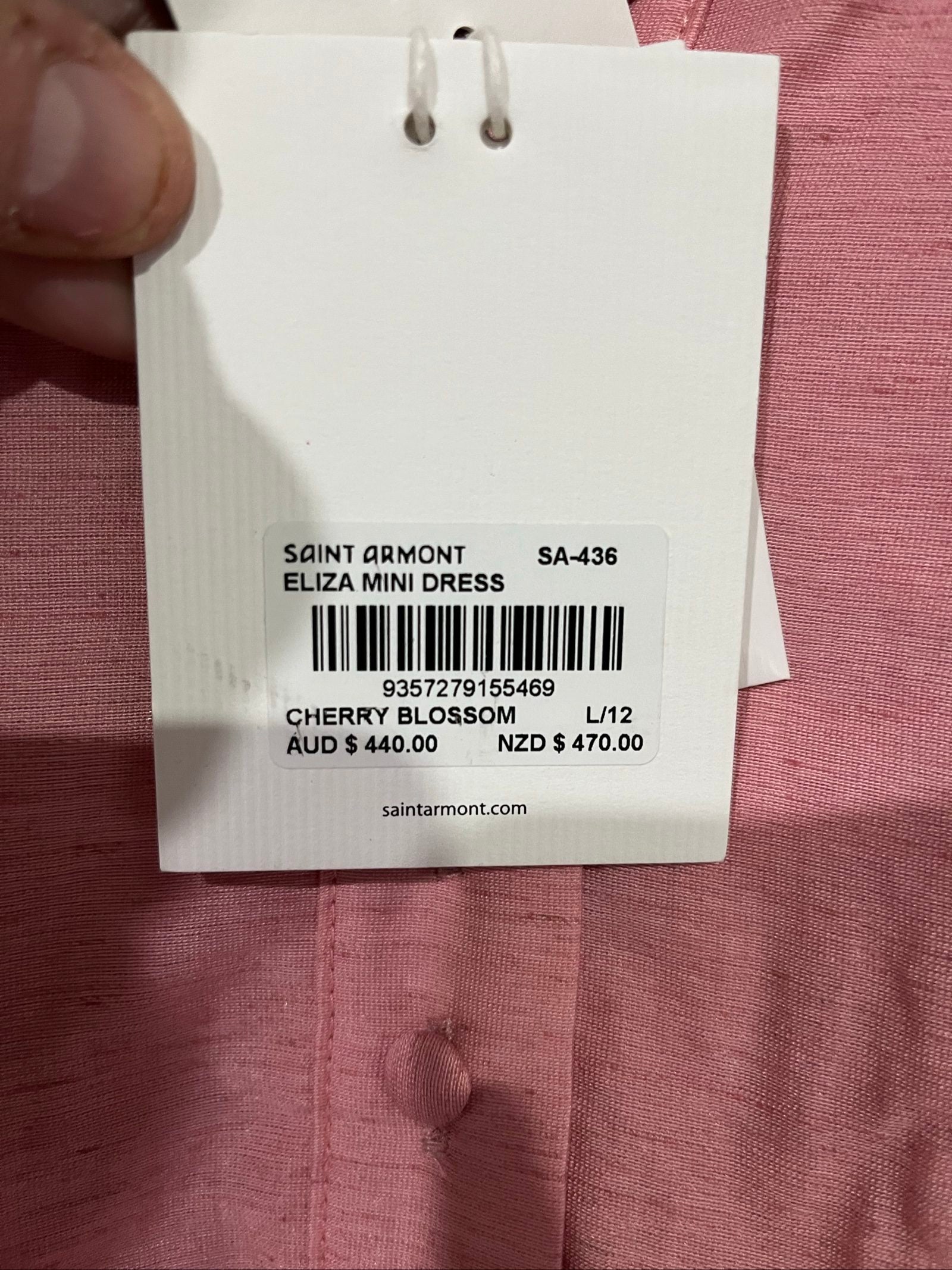 SAINT ARMONT pink mini dress with large collar, loop-trim detailing, and puff sleeves.
