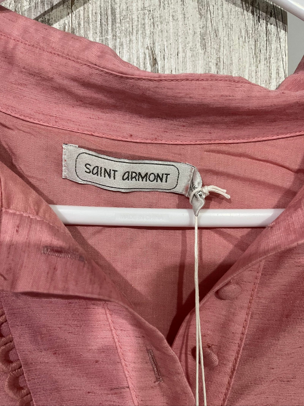 SAINT ARMONT pink mini dress with large collar, loop-trim detailing, and puff sleeves.