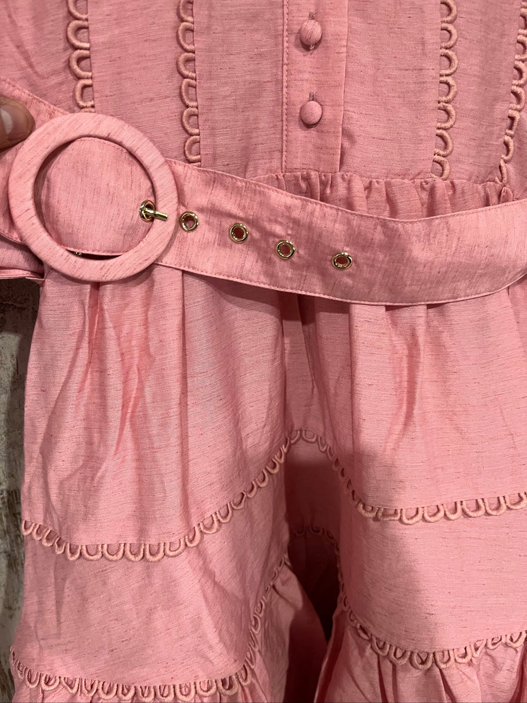 SAINT ARMONT pink mini dress with large collar, loop-trim detailing, and puff sleeves.