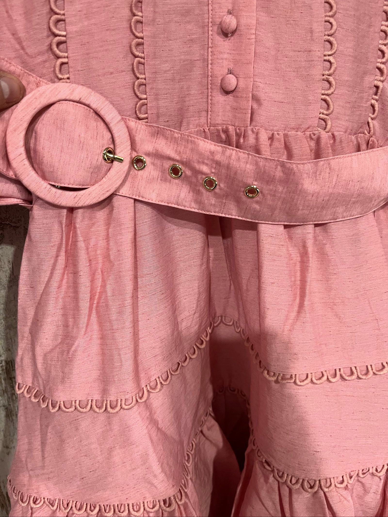 SAINT ARMONT pink mini dress with large collar, loop-trim detailing, and puff sleeves.
