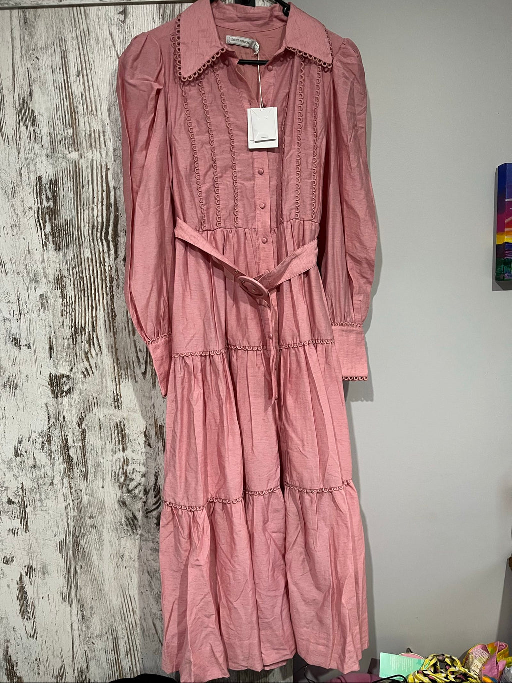 SAINT ARMONT pink lace maxi dress with button front and matching waist belt.