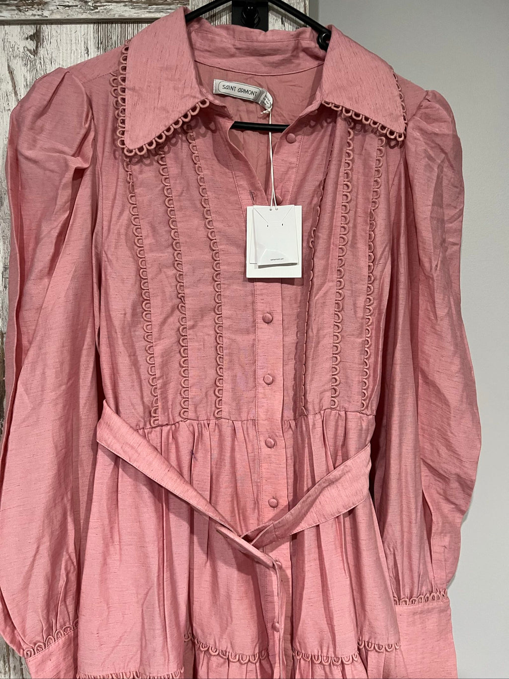SAINT ARMONT pink lace maxi dress with button front and matching waist belt.