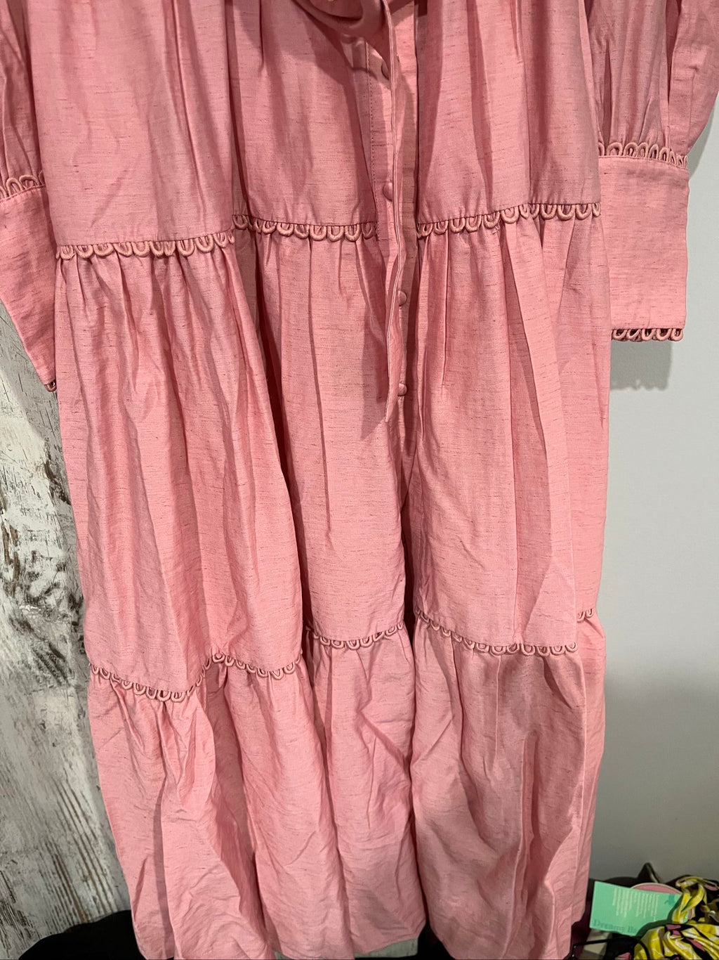 SAINT ARMONT pink lace maxi dress with button front and matching waist belt.