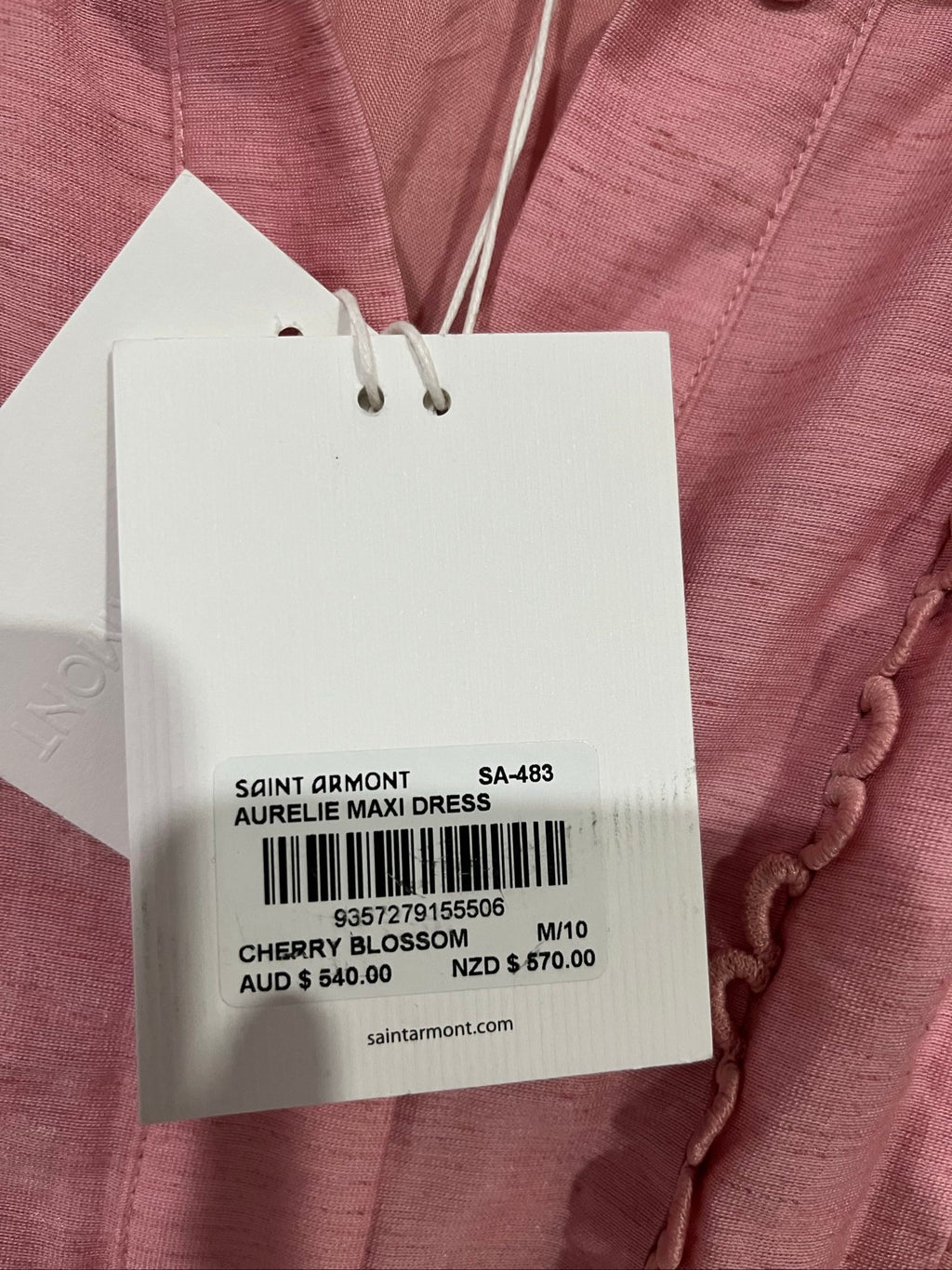 SAINT ARMONT pink lace maxi dress with button front and matching waist belt.