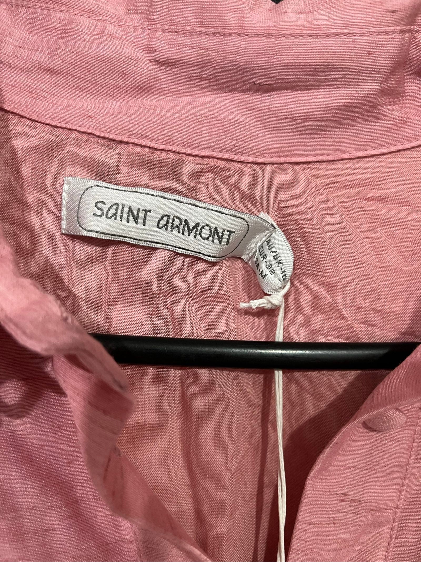SAINT ARMONT pink lace maxi dress with button front and matching waist belt.