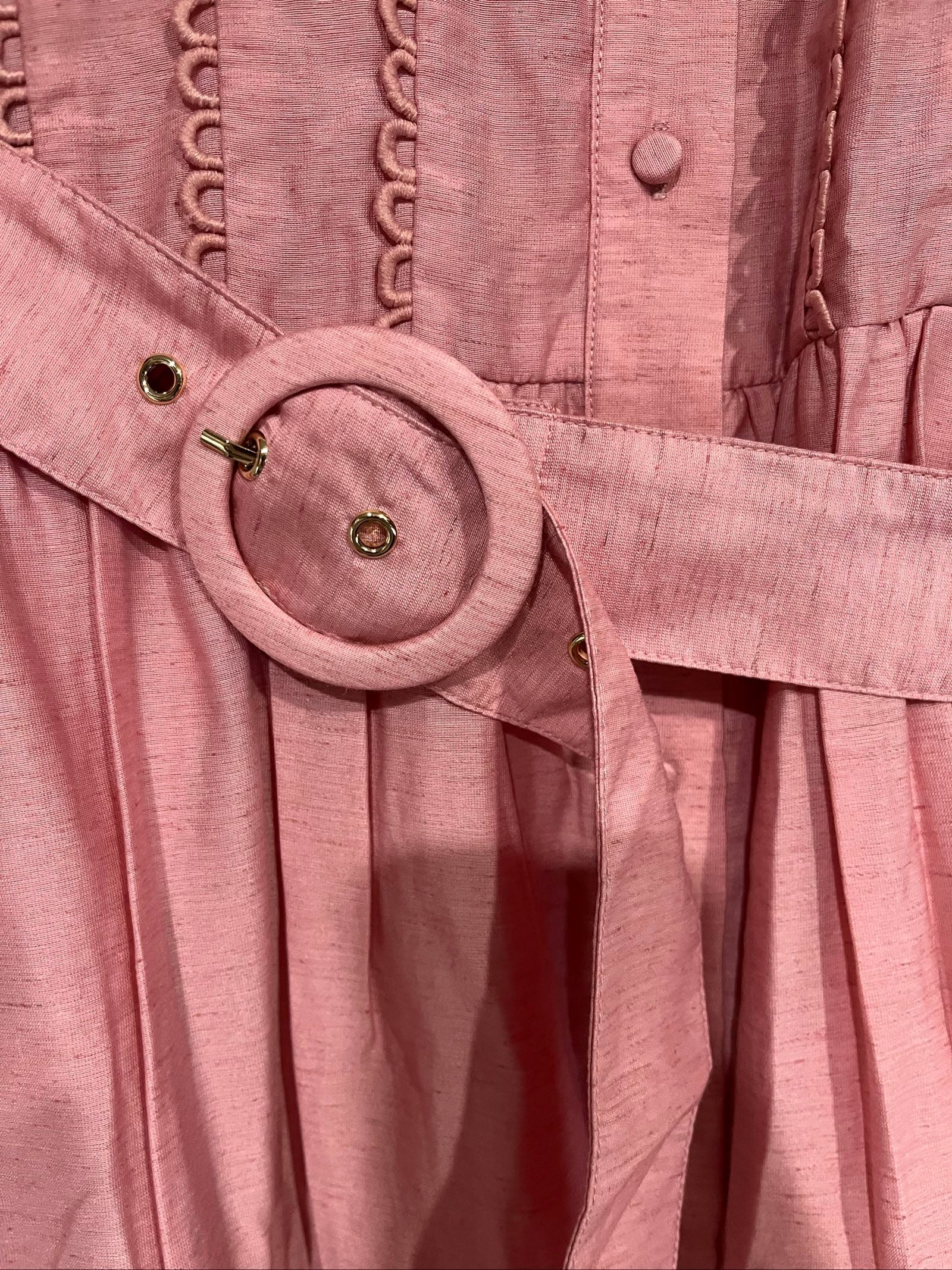 SAINT ARMONT pink lace maxi dress with button front and matching waist belt.