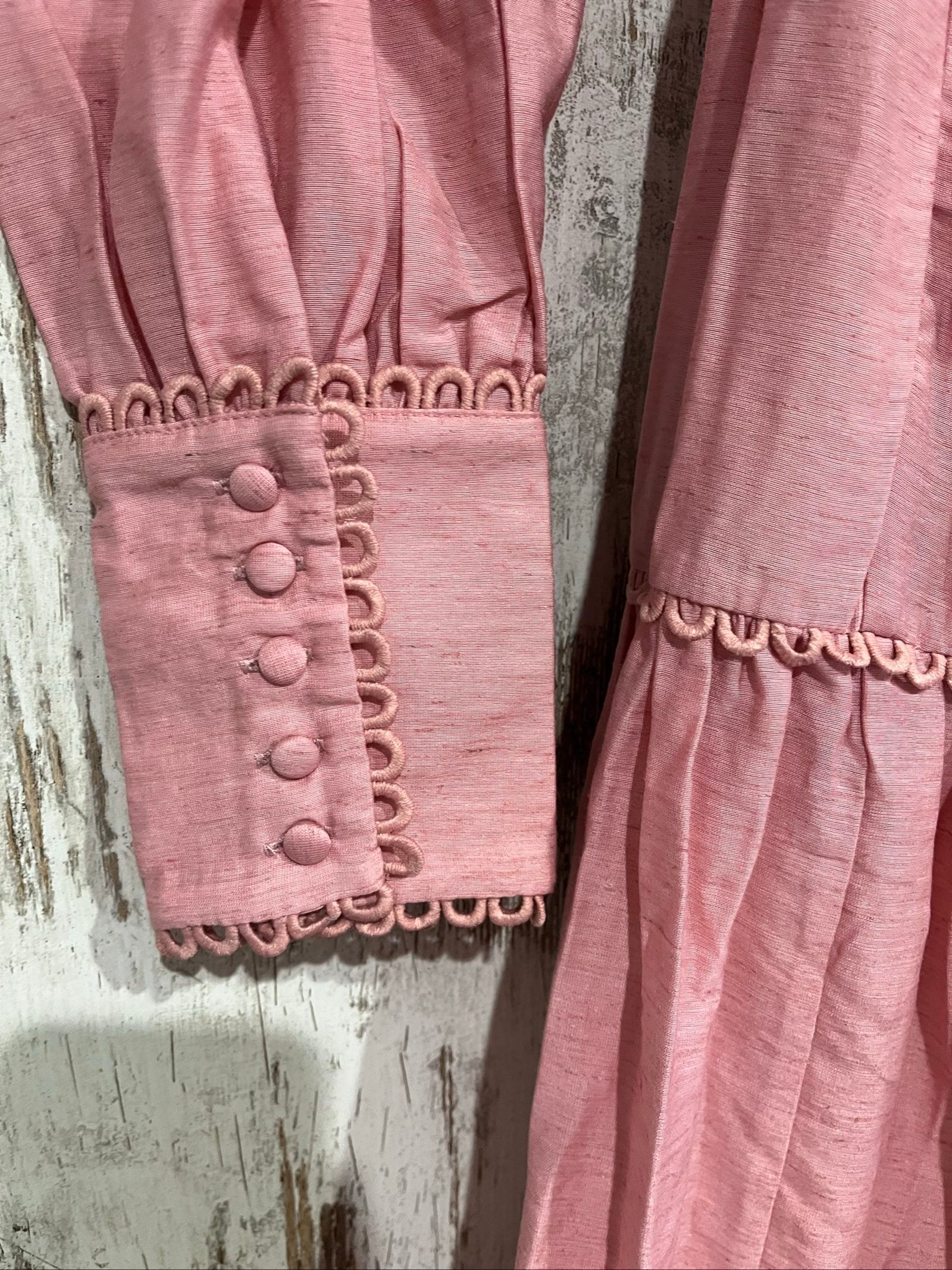 SAINT ARMONT pink lace maxi dress with button front and matching waist belt.