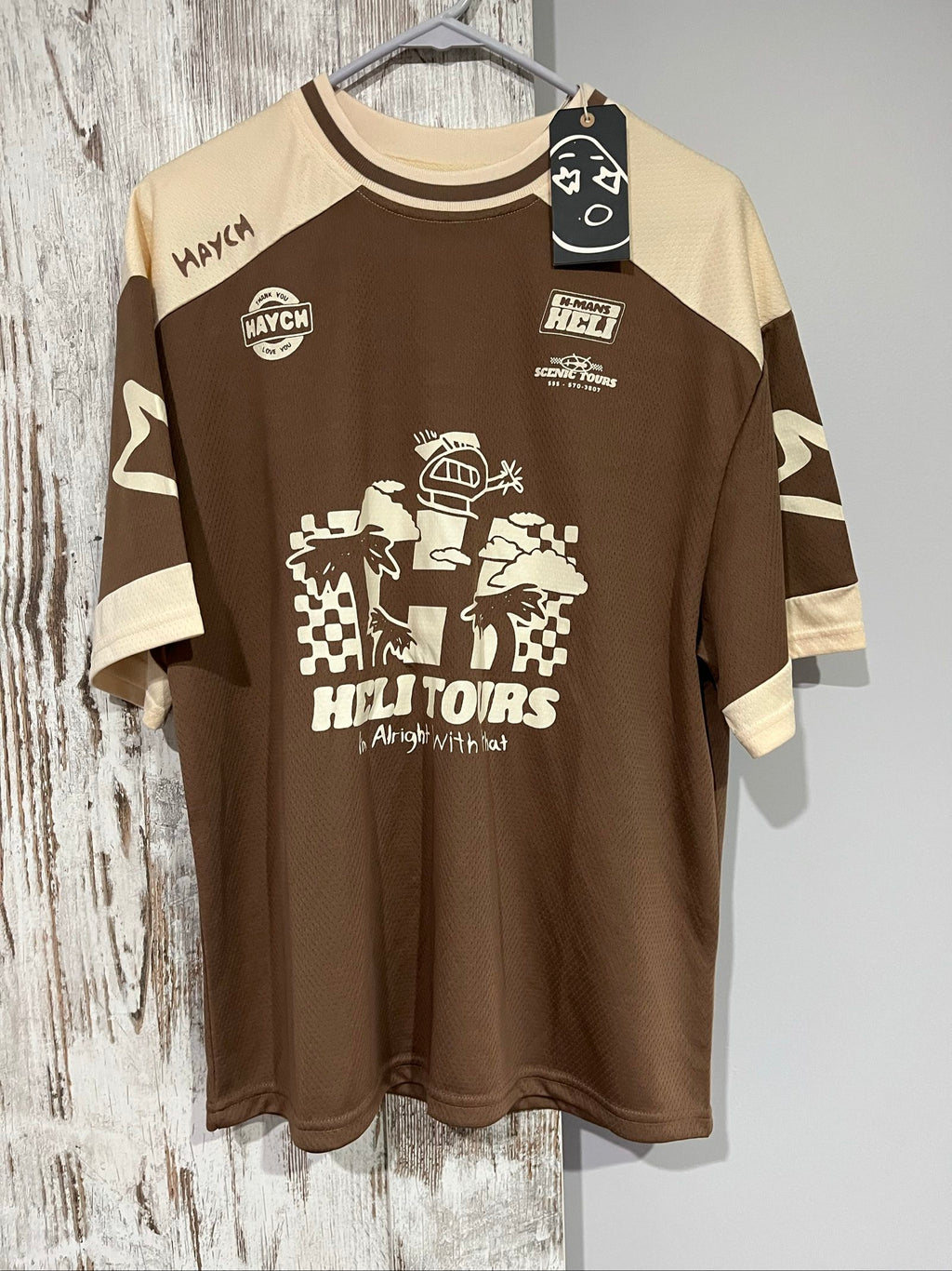 Haych beige and brown graphic print casual t-shirt, lightweight 100% polyester fabric.