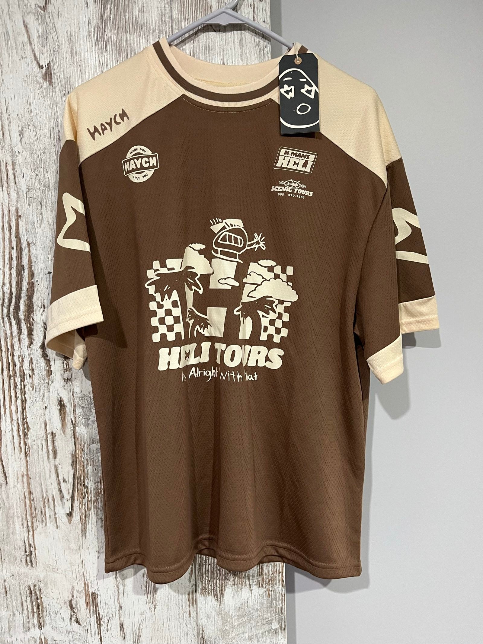 Haych beige and brown graphic print casual t-shirt, lightweight 100% polyester fabric.