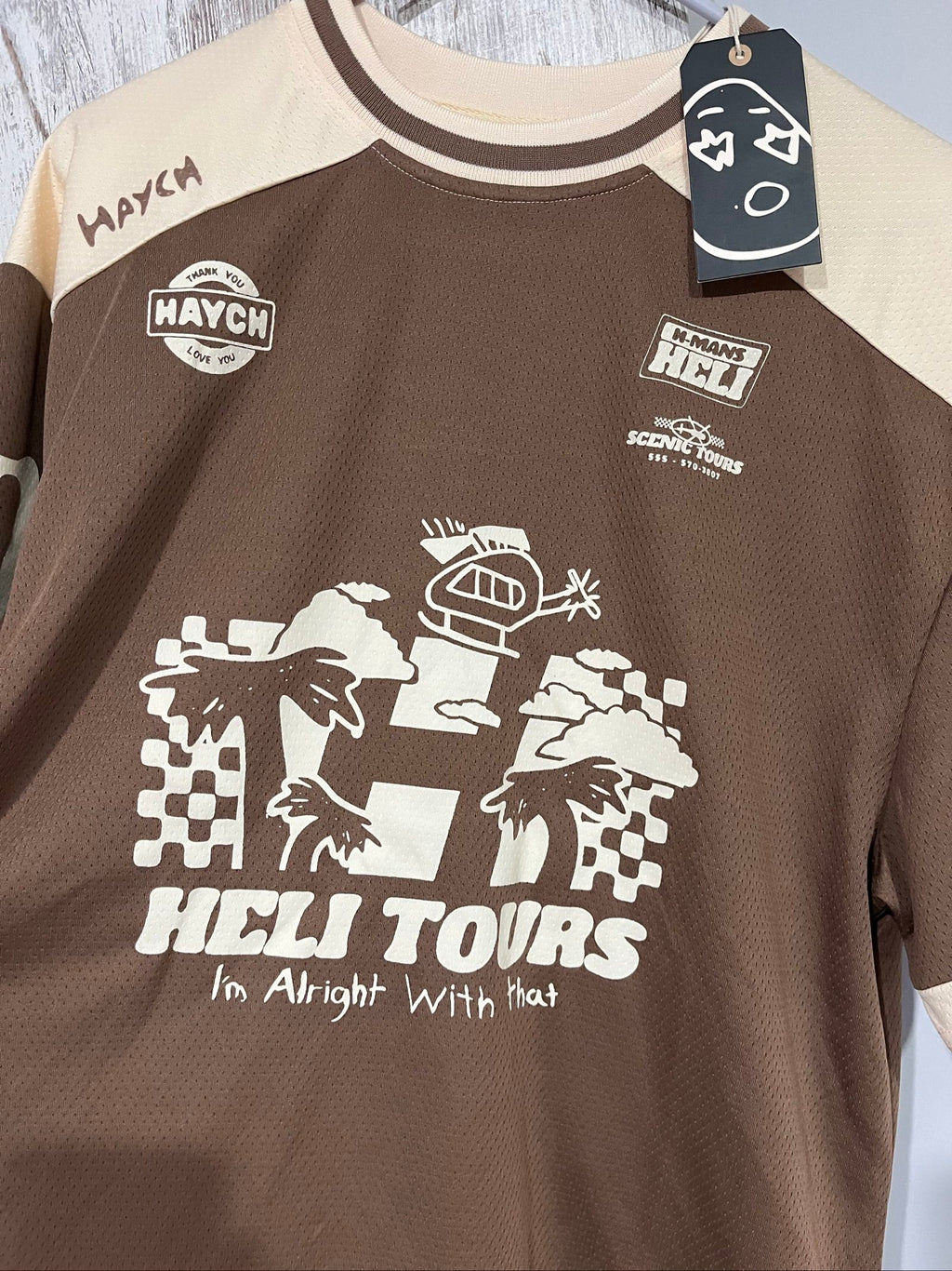 Haych beige and brown graphic print casual t-shirt, lightweight 100% polyester fabric.