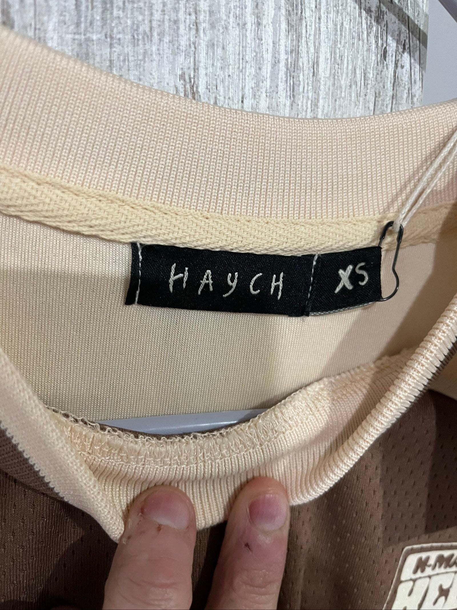 Haych beige and brown graphic print casual t-shirt, lightweight 100% polyester fabric.