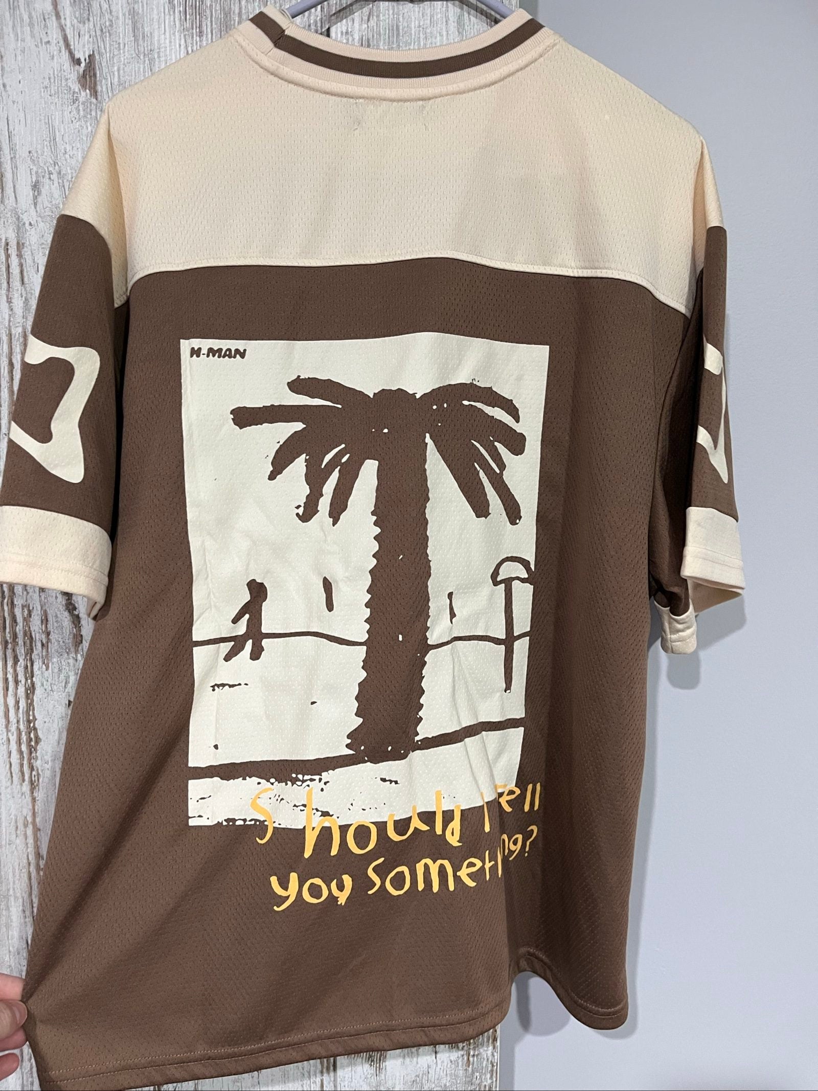 Haych beige and brown graphic print casual t-shirt, lightweight 100% polyester fabric.