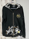 Boy London black zip-up hoodie with gold chain print and logo patch details.