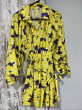 Aureta purple and yellow floral belted blouse with gathered balloon sleeves.