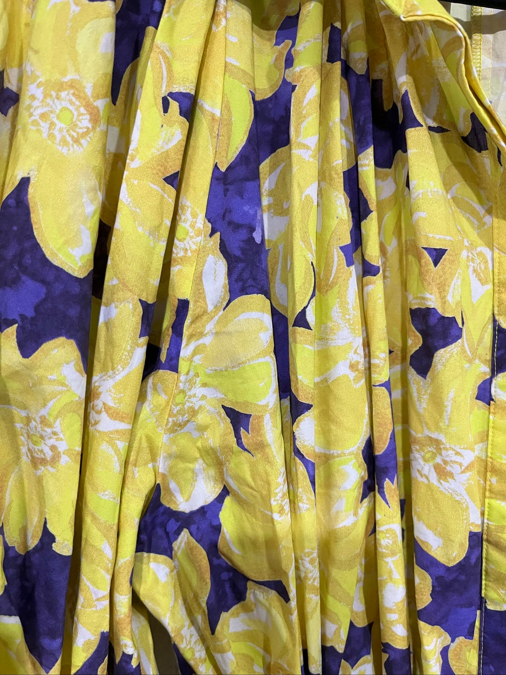 Aureta purple and yellow floral belted blouse with gathered balloon sleeves.
