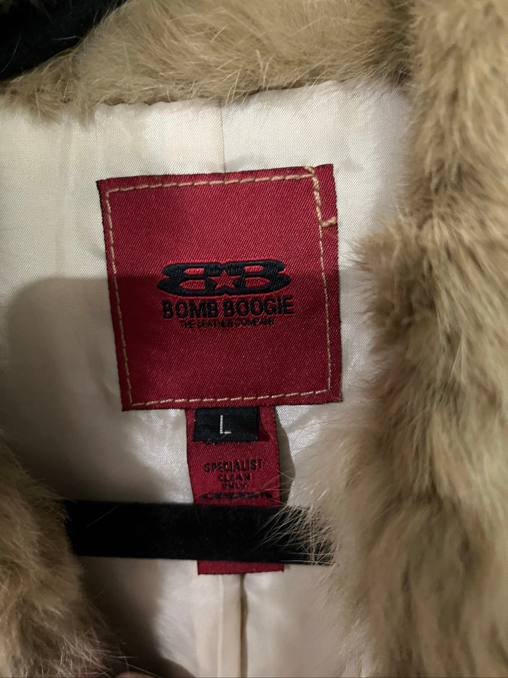 Bomb Boogie beige leather faux fur jacket with full zipper and soft texture.