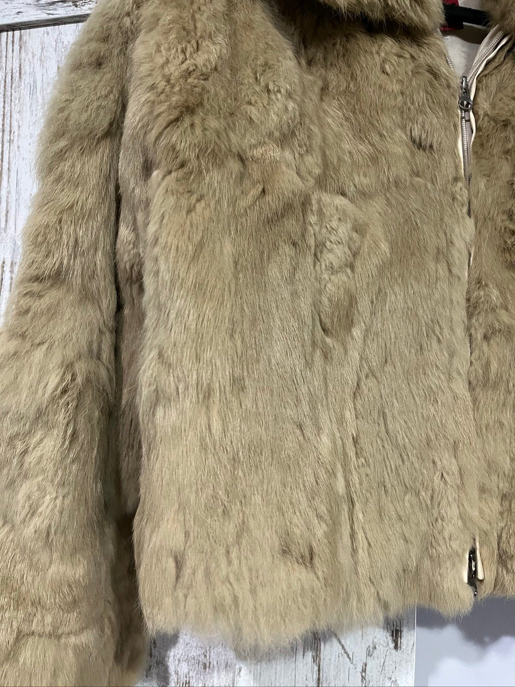 Bomb Boogie beige leather faux fur jacket with full zipper and soft texture.