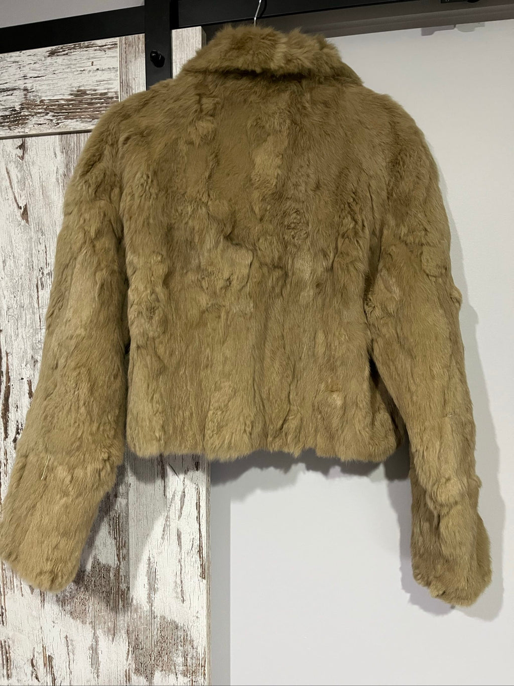Bomb Boogie beige leather faux fur jacket with full zipper and soft texture.