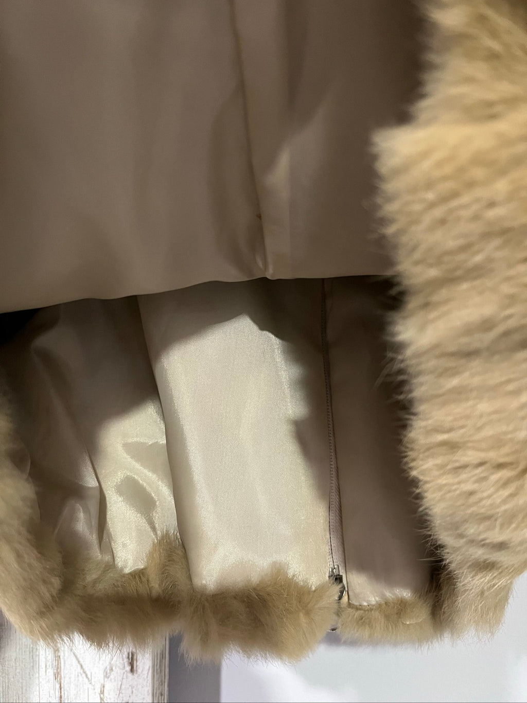 Bomb Boogie beige leather faux fur jacket with full zipper and soft texture.