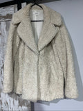 ALC beige faux shearling coat with wide collar and soft plush texture.