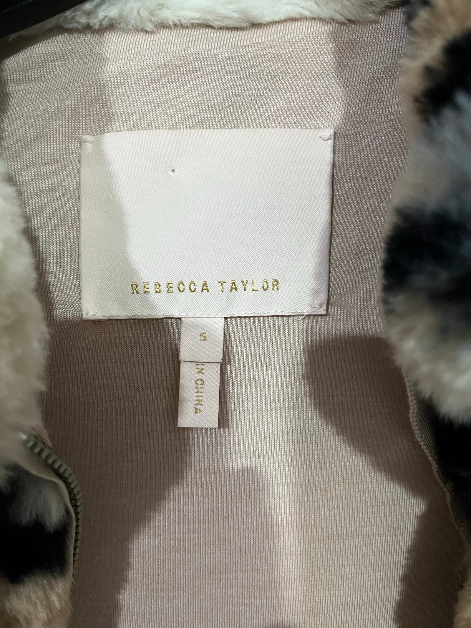 Rebecca Taylor beige leopard print faux fur jacket with classic collar and elasticated cuffs.