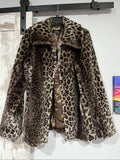 Dennis Basso beige leopard print faux fur coat with wide collar and satin logo lining.