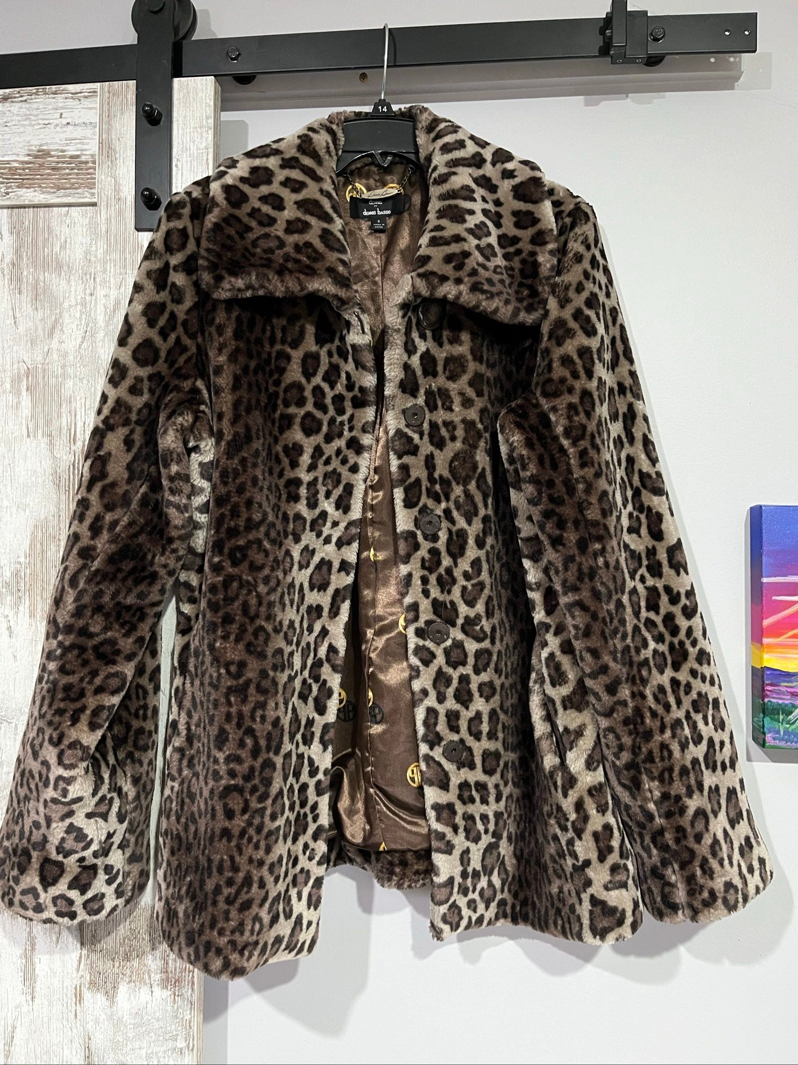 Dennis Basso beige leopard print faux fur coat with wide collar and satin logo lining.