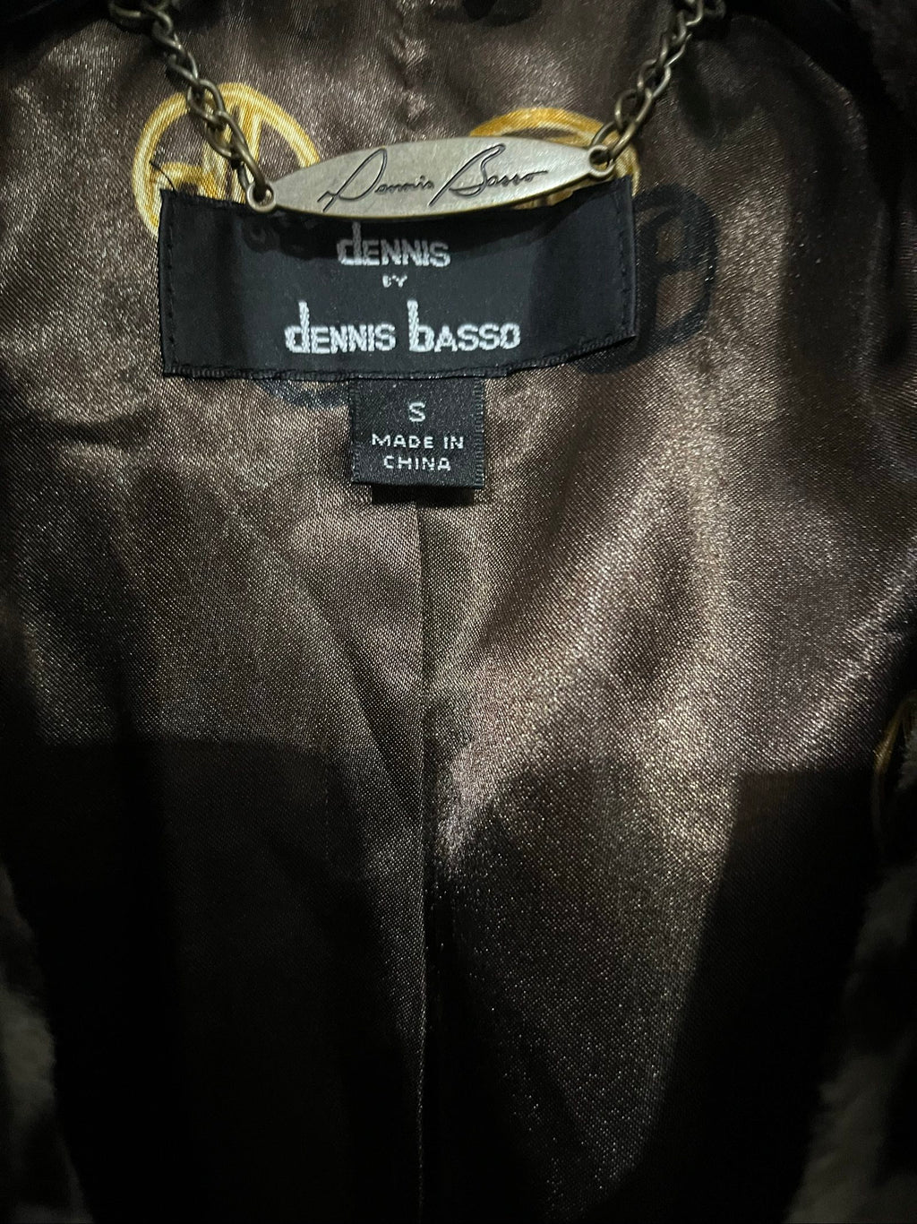 Dennis Basso beige leopard print faux fur coat with wide collar and satin logo lining.