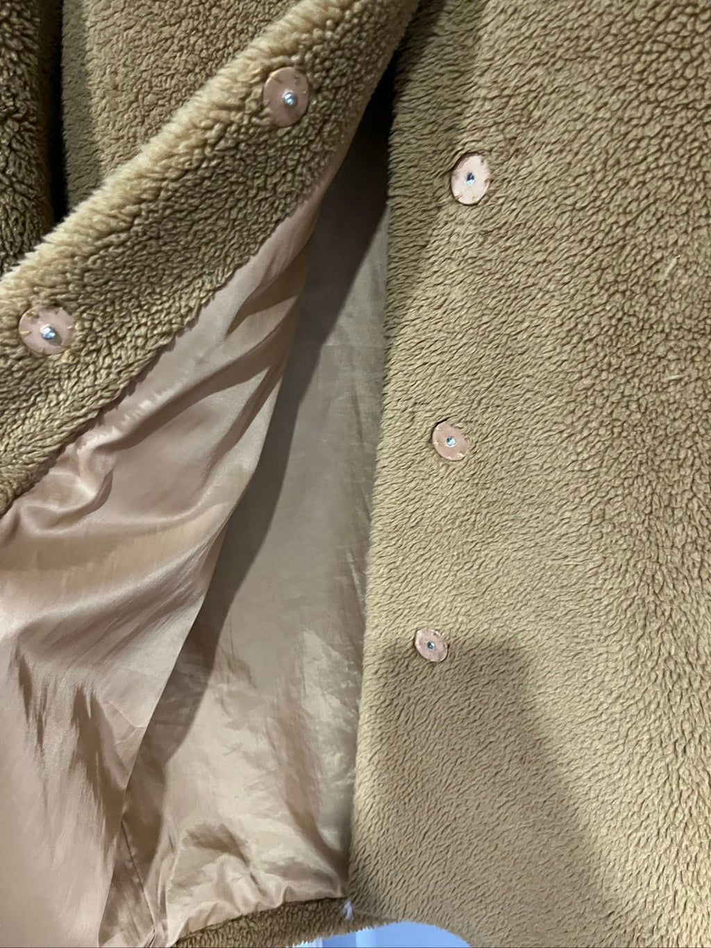 Stand Studio beige teddy faux fur coat with lapel collar and side pockets.