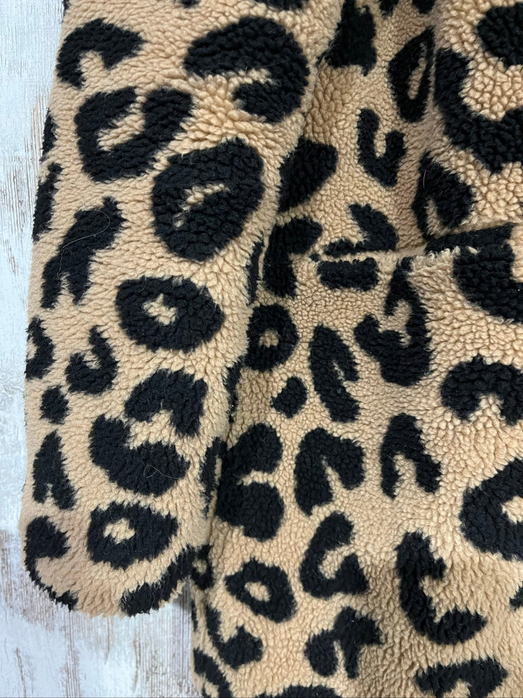 APPARIS beige and black leopard print teddy coat, soft textured fabric, branded black lining.