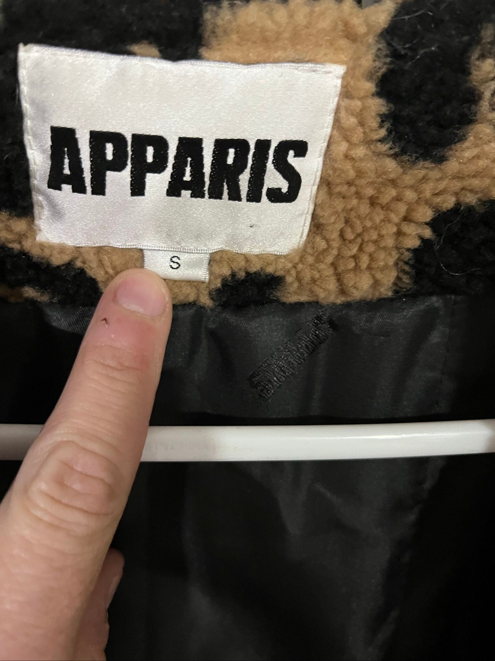 APPARIS beige and black leopard print teddy coat, soft textured fabric, branded black lining.