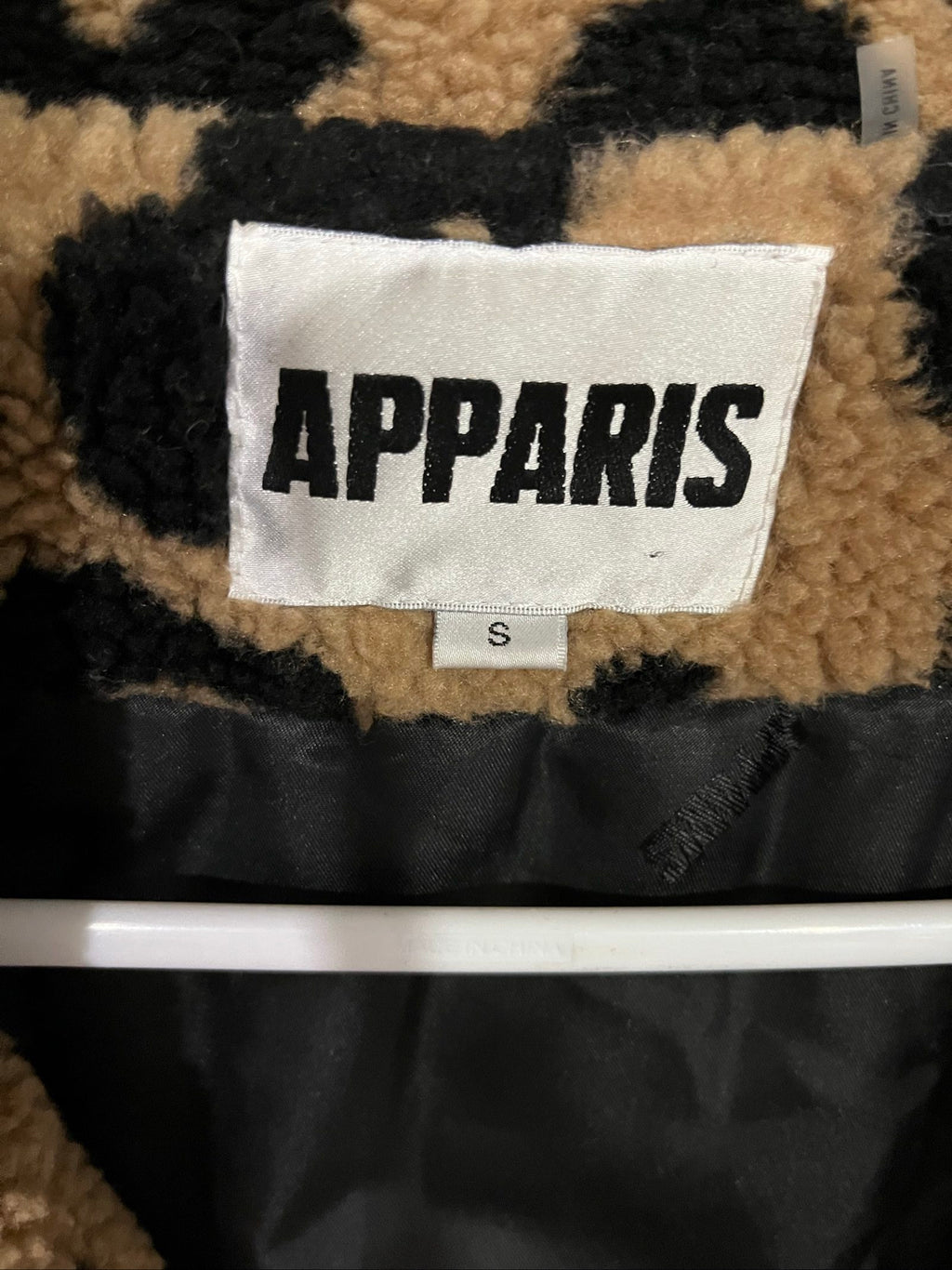 APPARIS beige and black leopard print teddy coat, soft textured fabric, branded black lining.