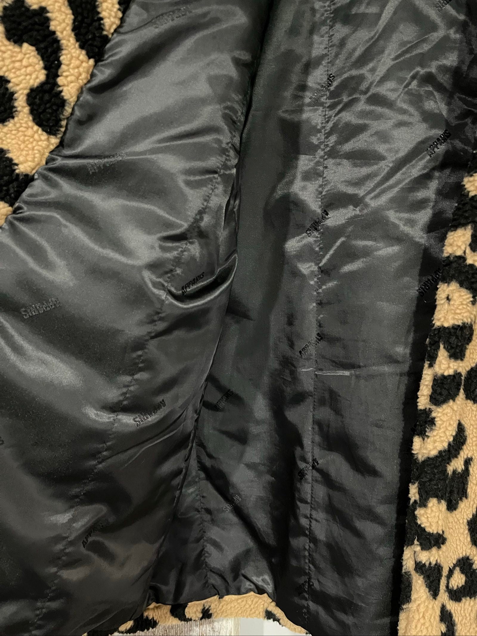 APPARIS beige and black leopard print teddy coat, soft textured fabric, branded black lining.