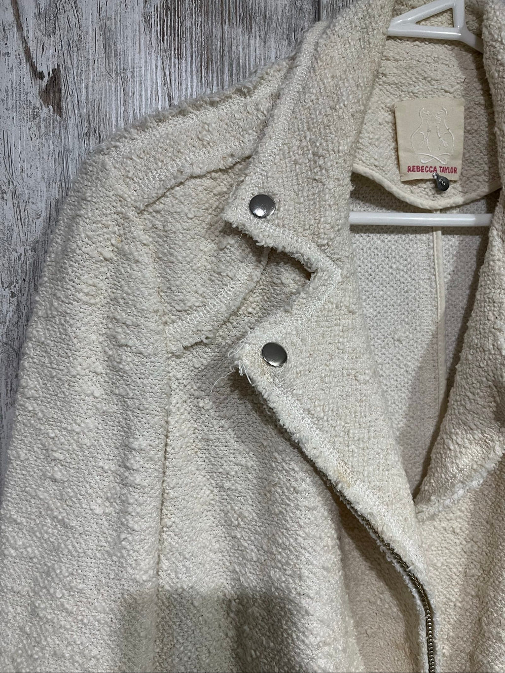 Rebecca Taylor beige jacket textured fabric cropped fit with zippers and structured collar.