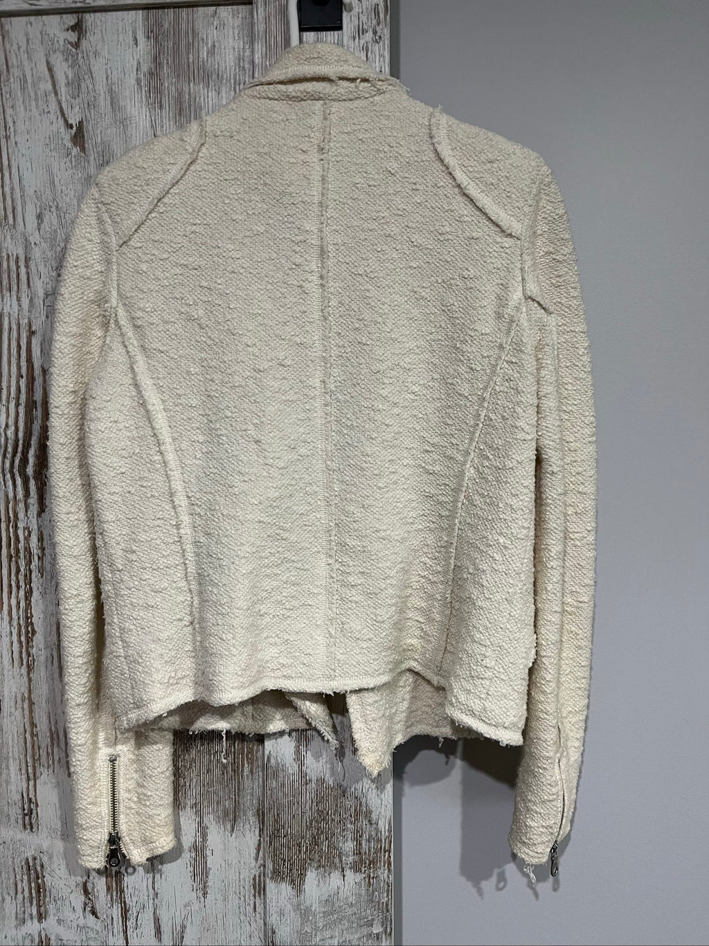 Rebecca Taylor beige jacket textured fabric cropped fit with zippers and structured collar.